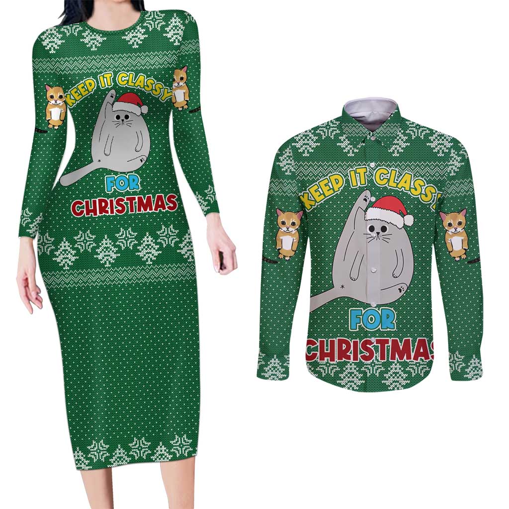 Cat Keep It Classy Christmas Couples Matching Long Sleeve Bodycon Dress and Long Sleeve Button Shirt Xmas Holiday Patterns - Wonder Print Shop