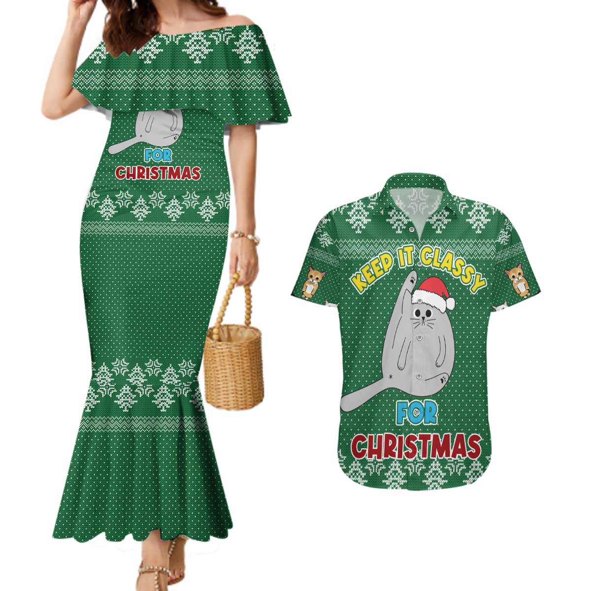 Cat Keep It Classy Christmas Couples Matching Mermaid Dress and Hawaiian Shirt Xmas Holiday Patterns - Wonder Print Shop