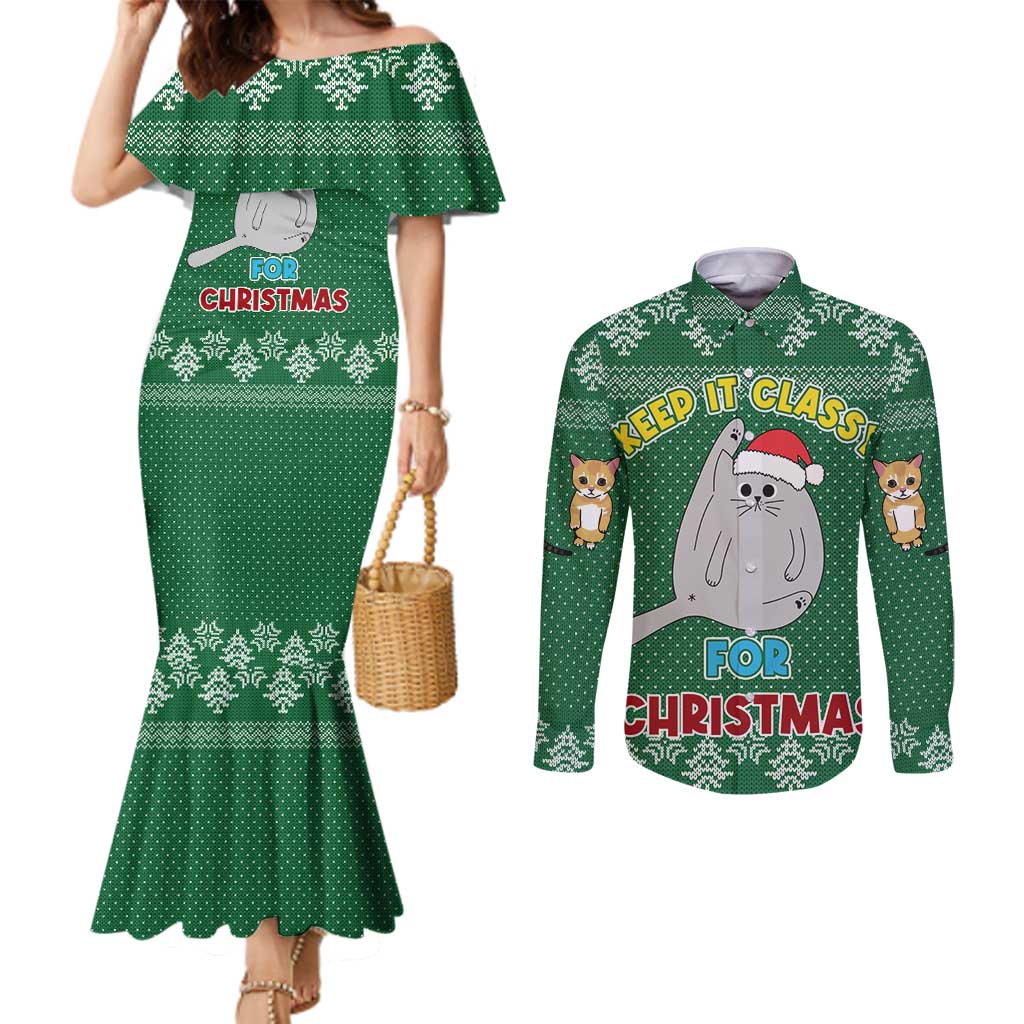 Cat Keep It Classy Christmas Couples Matching Mermaid Dress and Long Sleeve Button Shirt Xmas Holiday Patterns - Wonder Print Shop