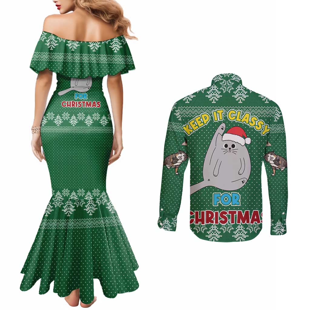Cat Keep It Classy Christmas Couples Matching Mermaid Dress and Long Sleeve Button Shirt Xmas Holiday Patterns - Wonder Print Shop