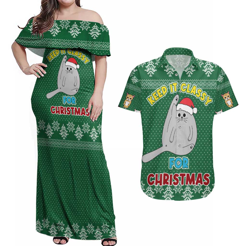 Cat Keep It Classy Christmas Couples Matching Off Shoulder Maxi Dress and Hawaiian Shirt Xmas Holiday Patterns - Wonder Print Shop