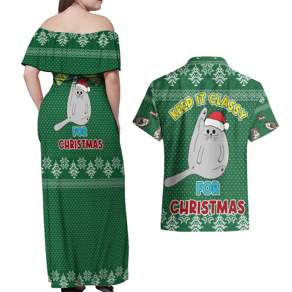 Cat Keep It Classy Christmas Couples Matching Off Shoulder Maxi Dress and Hawaiian Shirt Xmas Holiday Patterns - Wonder Print Shop