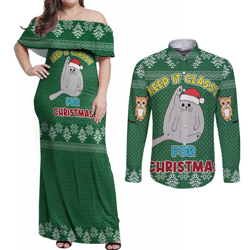 Cat Keep It Classy Christmas Couples Matching Off Shoulder Maxi Dress and Long Sleeve Button Shirt Xmas Holiday Patterns - Wonder Print Shop