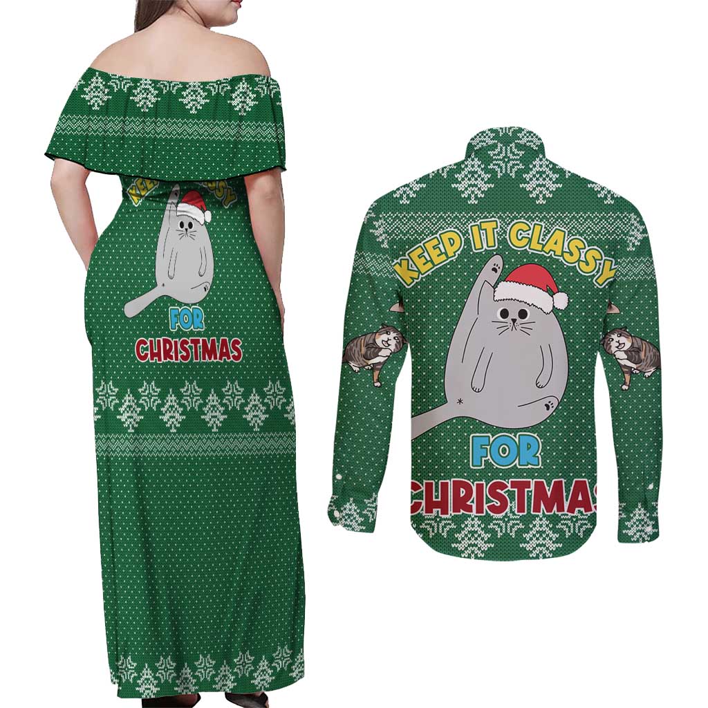Cat Keep It Classy Christmas Couples Matching Off Shoulder Maxi Dress and Long Sleeve Button Shirt Xmas Holiday Patterns - Wonder Print Shop