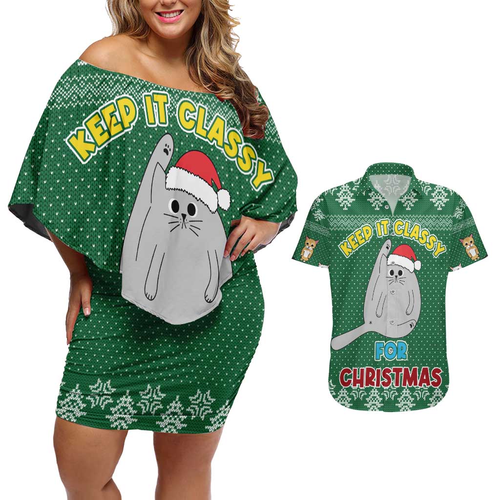 Cat Keep It Classy Christmas Couples Matching Off Shoulder Short Dress and Hawaiian Shirt Xmas Holiday Patterns - Wonder Print Shop