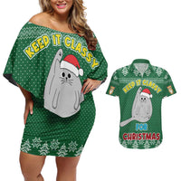Cat Keep It Classy Christmas Couples Matching Off Shoulder Short Dress and Hawaiian Shirt Xmas Holiday Patterns - Wonder Print Shop