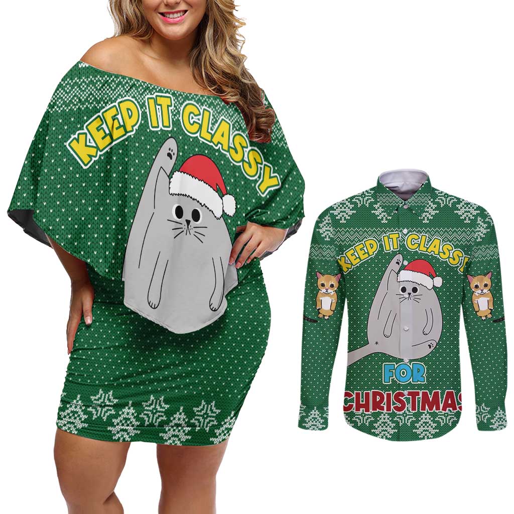 Cat Keep It Classy Christmas Couples Matching Off Shoulder Short Dress and Long Sleeve Button Shirt Xmas Holiday Patterns - Wonder Print Shop