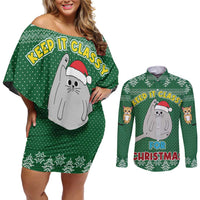 Cat Keep It Classy Christmas Couples Matching Off Shoulder Short Dress and Long Sleeve Button Shirt Xmas Holiday Patterns - Wonder Print Shop