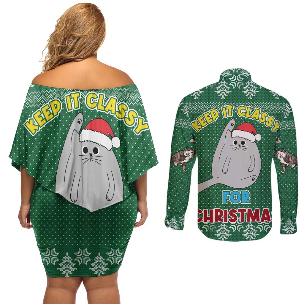 Cat Keep It Classy Christmas Couples Matching Off Shoulder Short Dress and Long Sleeve Button Shirt Xmas Holiday Patterns - Wonder Print Shop