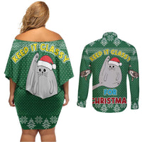 Cat Keep It Classy Christmas Couples Matching Off Shoulder Short Dress and Long Sleeve Button Shirt Xmas Holiday Patterns - Wonder Print Shop