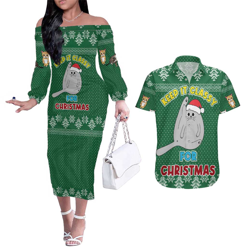 Cat Keep It Classy Christmas Couples Matching Off The Shoulder Long Sleeve Dress and Hawaiian Shirt Xmas Holiday Patterns - Wonder Print Shop