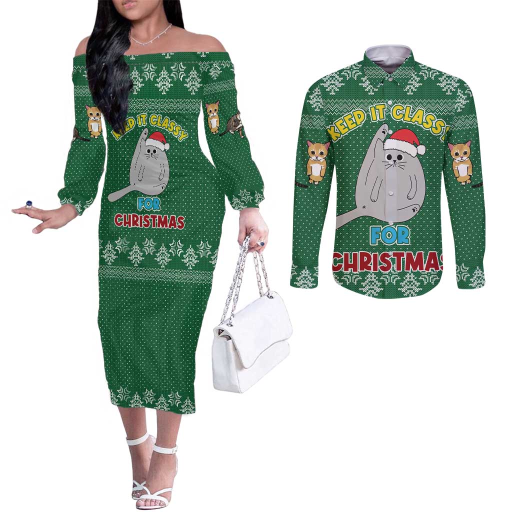 Cat Keep It Classy Christmas Couples Matching Off The Shoulder Long Sleeve Dress and Long Sleeve Button Shirt Xmas Holiday Patterns - Wonder Print Shop