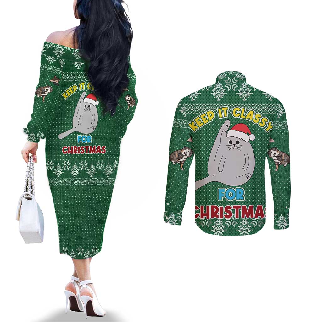 Cat Keep It Classy Christmas Couples Matching Off The Shoulder Long Sleeve Dress and Long Sleeve Button Shirt Xmas Holiday Patterns - Wonder Print Shop