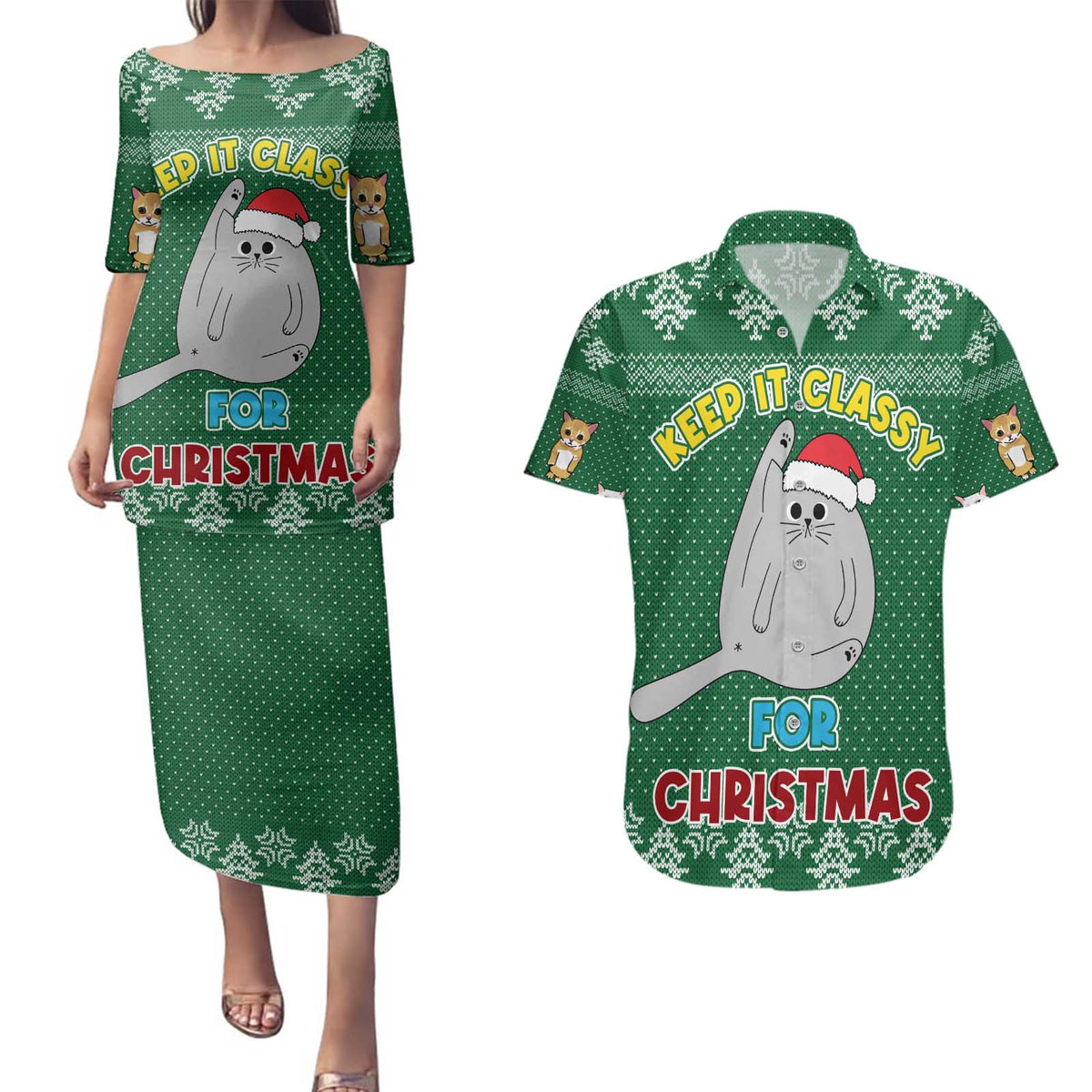 Cat Keep It Classy Christmas Couples Matching Puletasi and Hawaiian Shirt Xmas Holiday Patterns - Wonder Print Shop