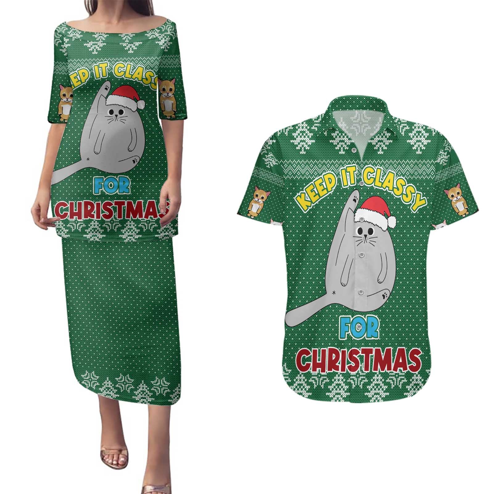 Cat Keep It Classy Christmas Couples Matching Puletasi and Hawaiian Shirt Xmas Holiday Patterns - Wonder Print Shop