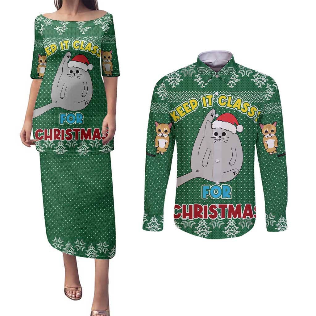 Cat Keep It Classy Christmas Couples Matching Puletasi and Long Sleeve Button Shirt Xmas Holiday Patterns - Wonder Print Shop