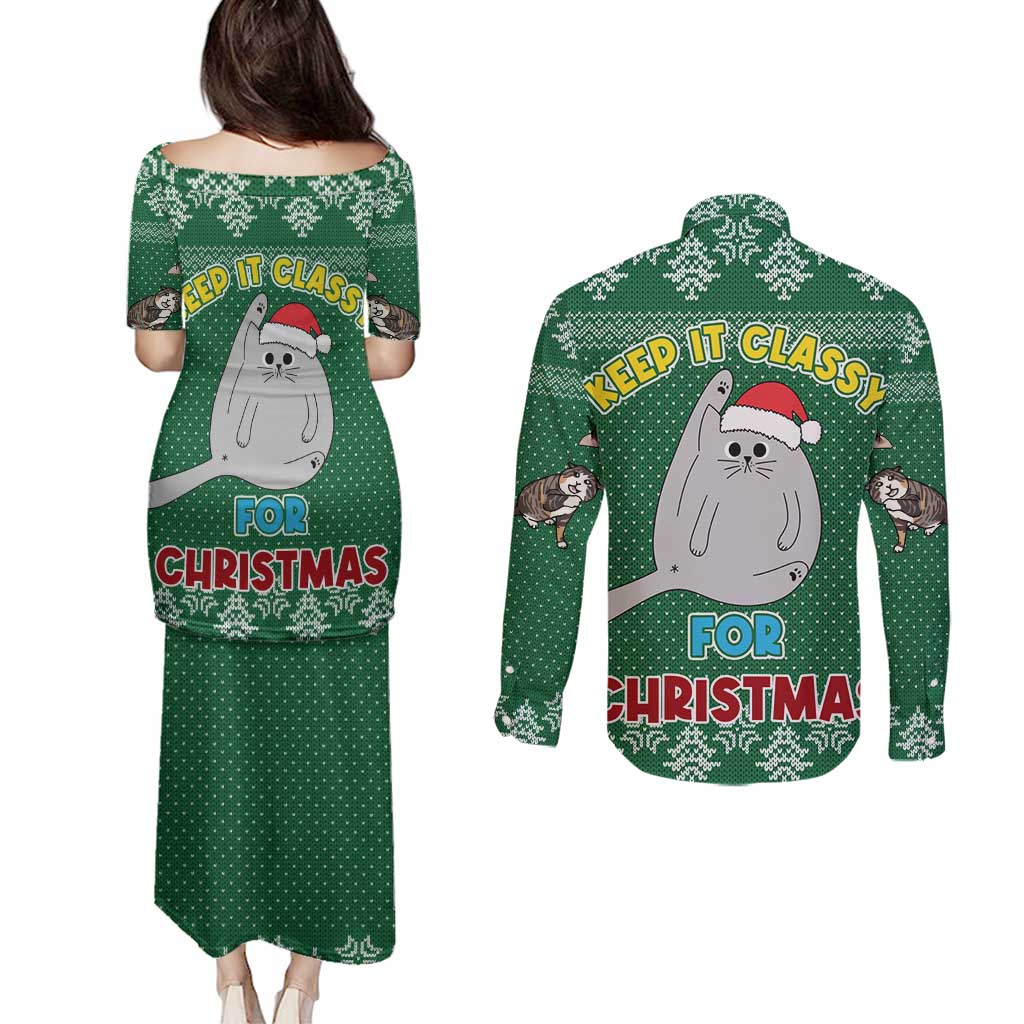Cat Keep It Classy Christmas Couples Matching Puletasi and Long Sleeve Button Shirt Xmas Holiday Patterns - Wonder Print Shop
