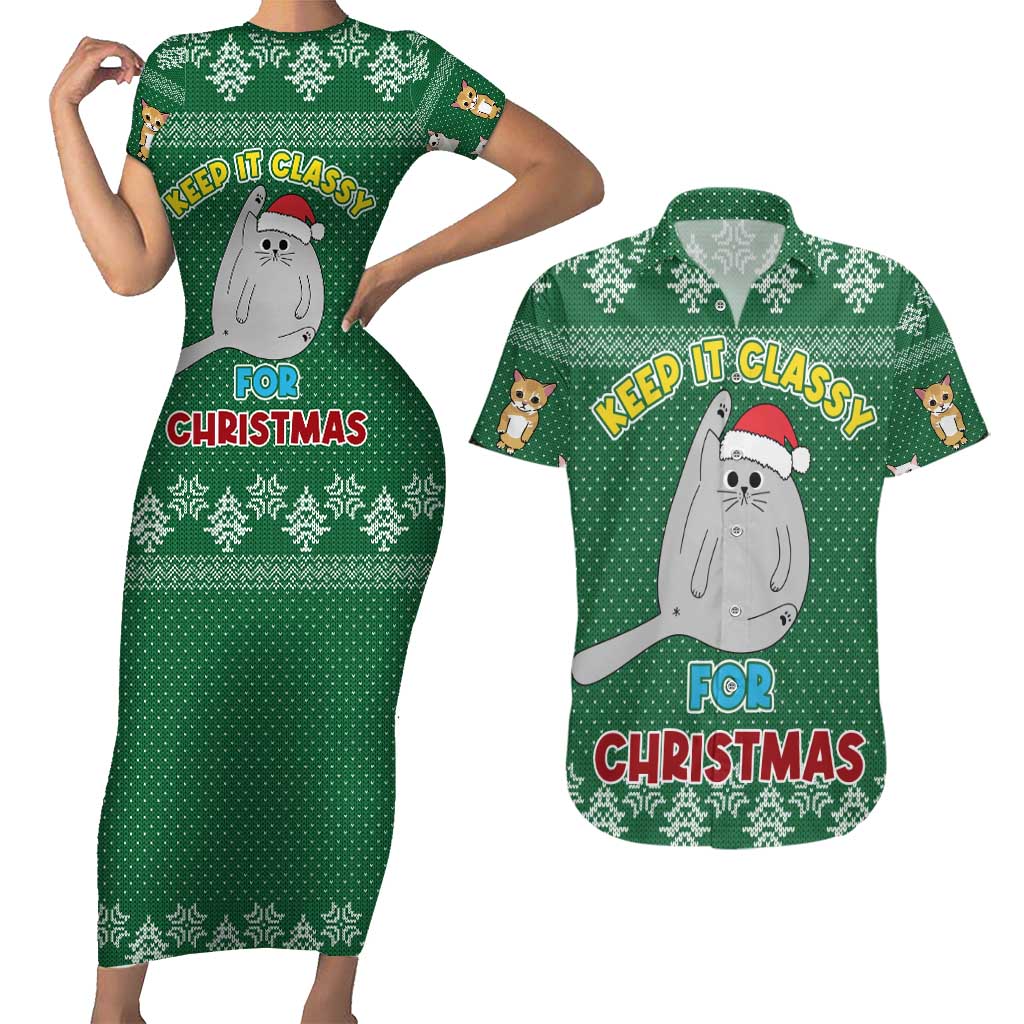Cat Keep It Classy Christmas Couples Matching Short Sleeve Bodycon Dress and Hawaiian Shirt Xmas Holiday Patterns - Wonder Print Shop