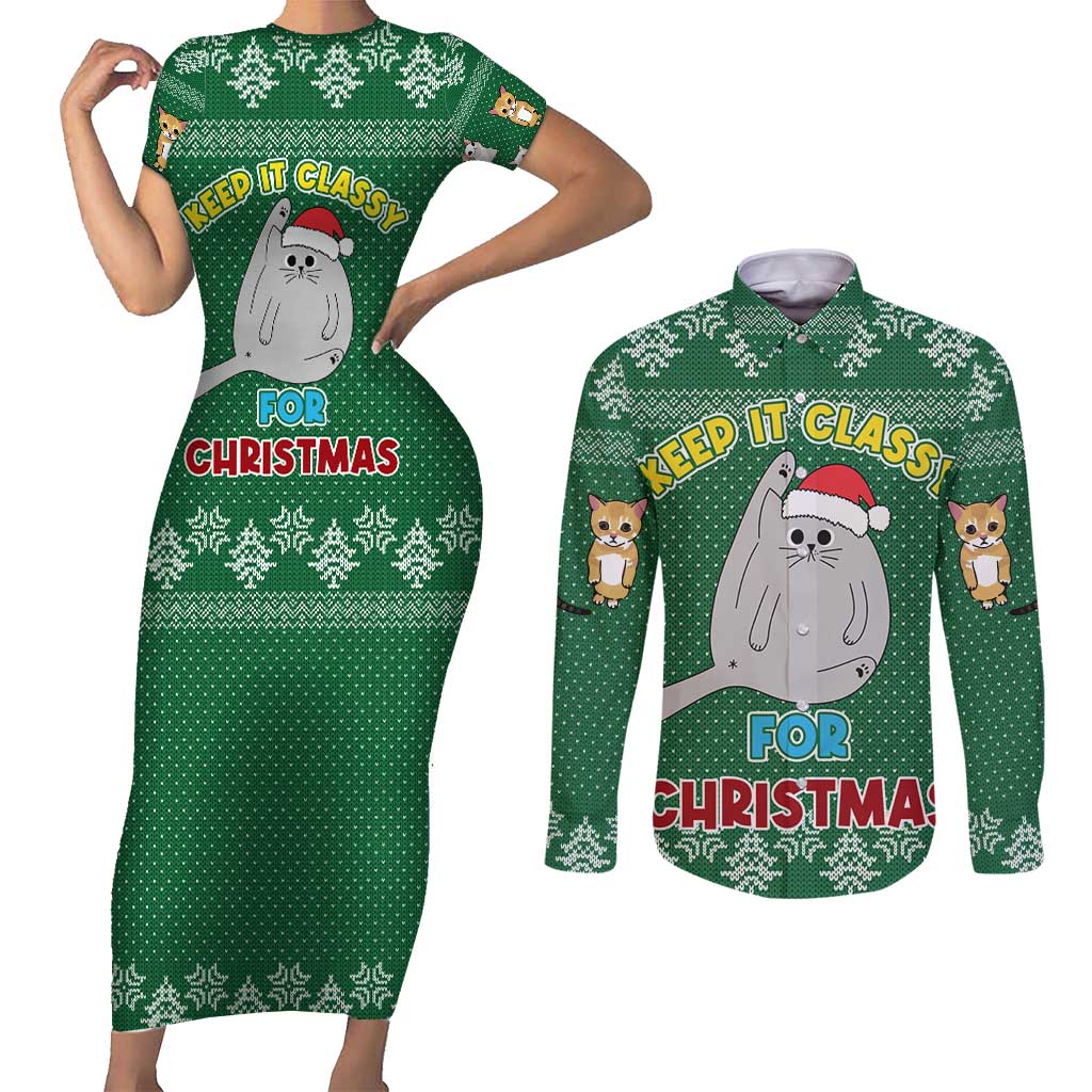 Cat Keep It Classy Christmas Couples Matching Short Sleeve Bodycon Dress and Long Sleeve Button Shirt Xmas Holiday Patterns - Wonder Print Shop