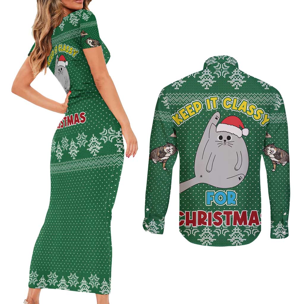 Cat Keep It Classy Christmas Couples Matching Short Sleeve Bodycon Dress and Long Sleeve Button Shirt Xmas Holiday Patterns - Wonder Print Shop