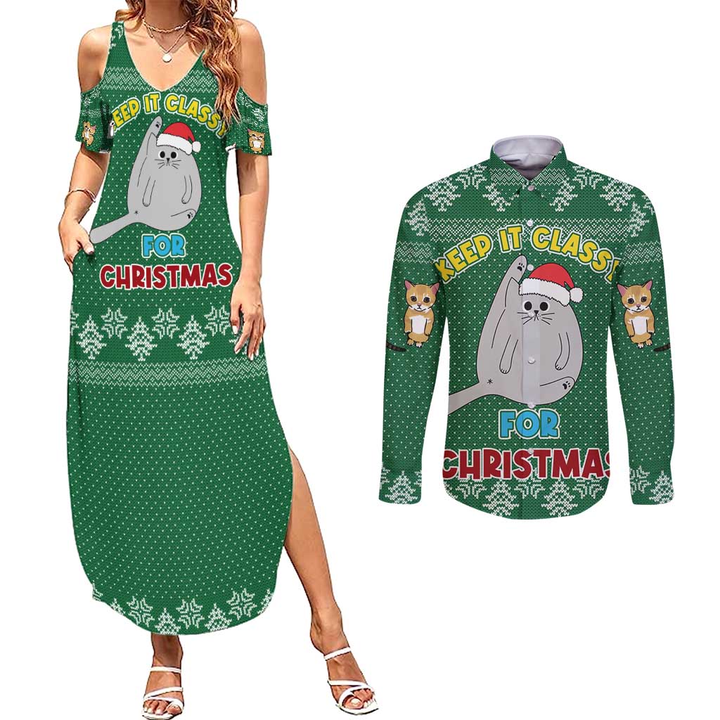 Cat Keep It Classy Christmas Couples Matching Summer Maxi Dress and Long Sleeve Button Shirt Xmas Holiday Patterns - Wonder Print Shop
