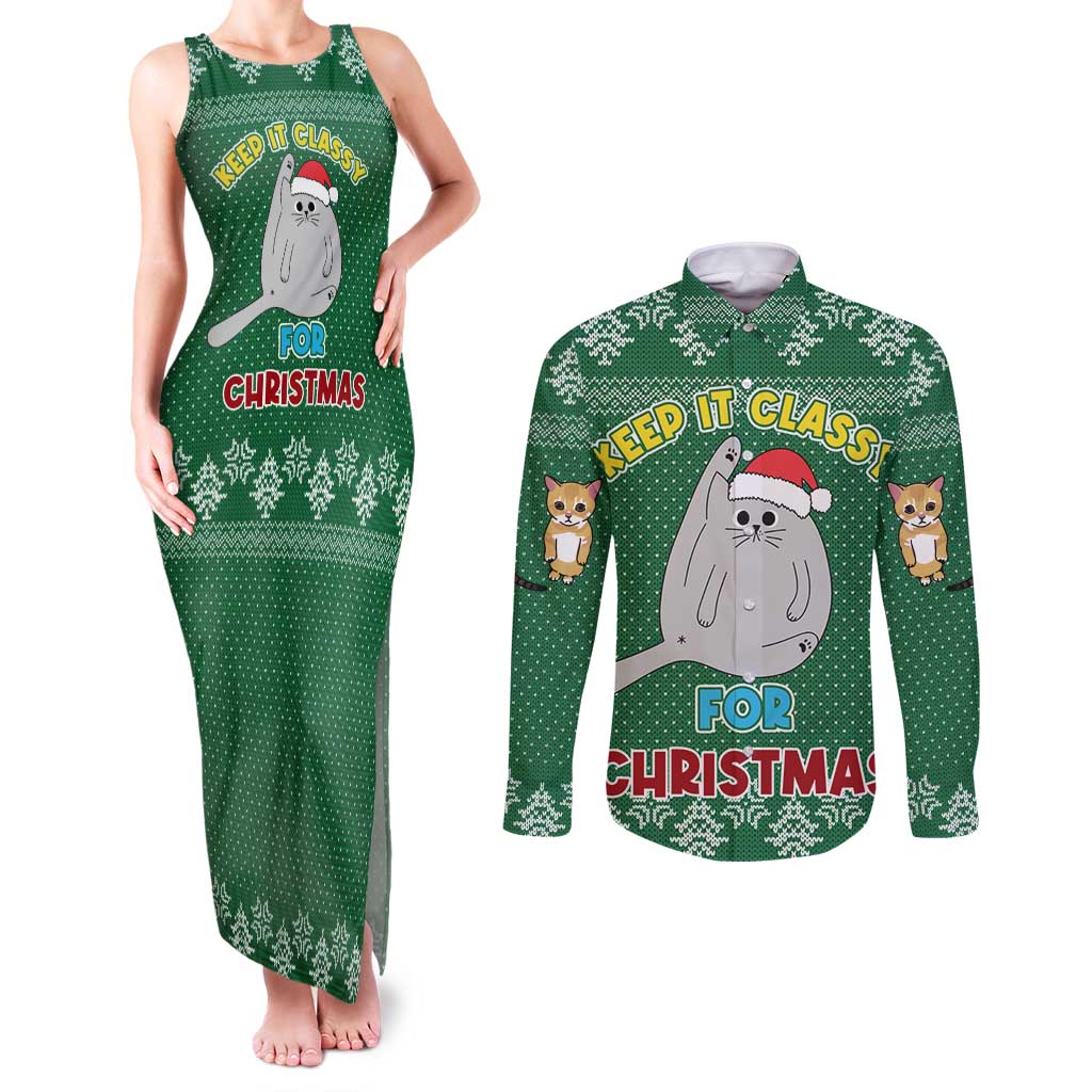 Cat Keep It Classy Christmas Couples Matching Tank Maxi Dress and Long Sleeve Button Shirt Xmas Holiday Patterns - Wonder Print Shop