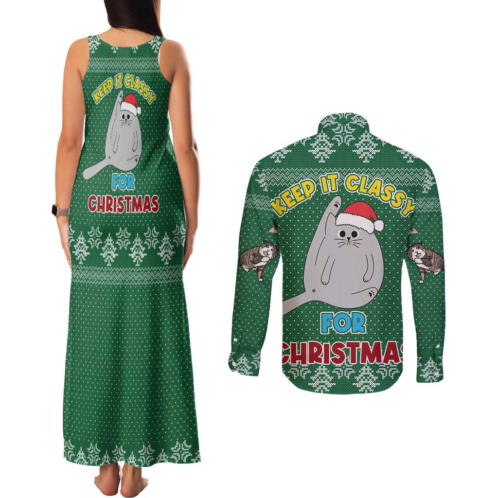 Cat Keep It Classy Christmas Couples Matching Tank Maxi Dress and Long Sleeve Button Shirt Xmas Holiday Patterns - Wonder Print Shop