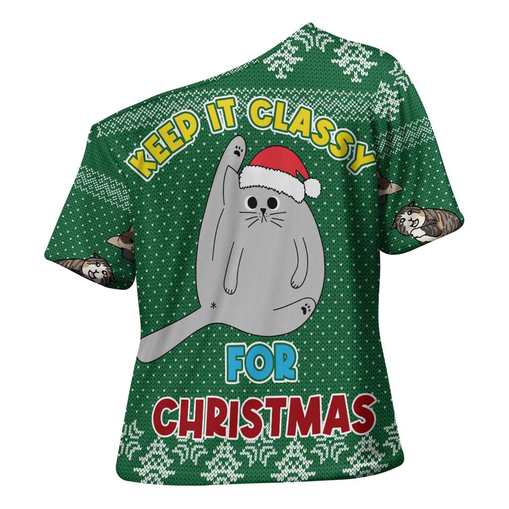 Cat Keep It Classy Christmas Cross Shoulder Shirt Xmas Holiday Patterns - Wonder Print Shop