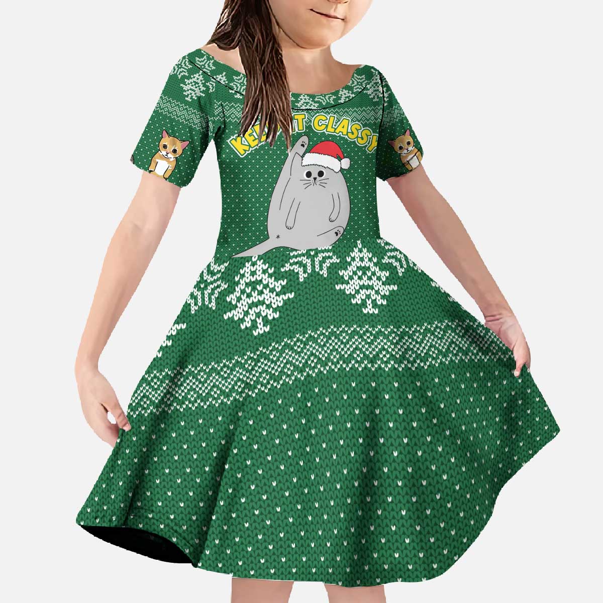 Cat Keep It Classy Christmas Family Matching Off The Shoulder Long Sleeve Dress and Hawaiian Shirt Xmas Holiday Patterns - Wonder Print Shop
