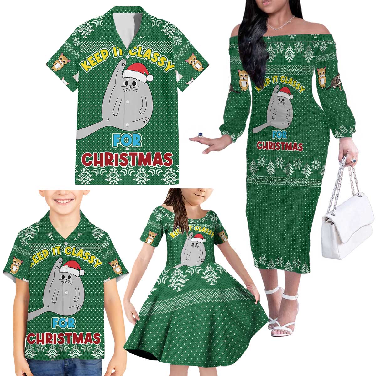 Cat Keep It Classy Christmas Family Matching Off The Shoulder Long Sleeve Dress and Hawaiian Shirt Xmas Holiday Patterns - Wonder Print Shop