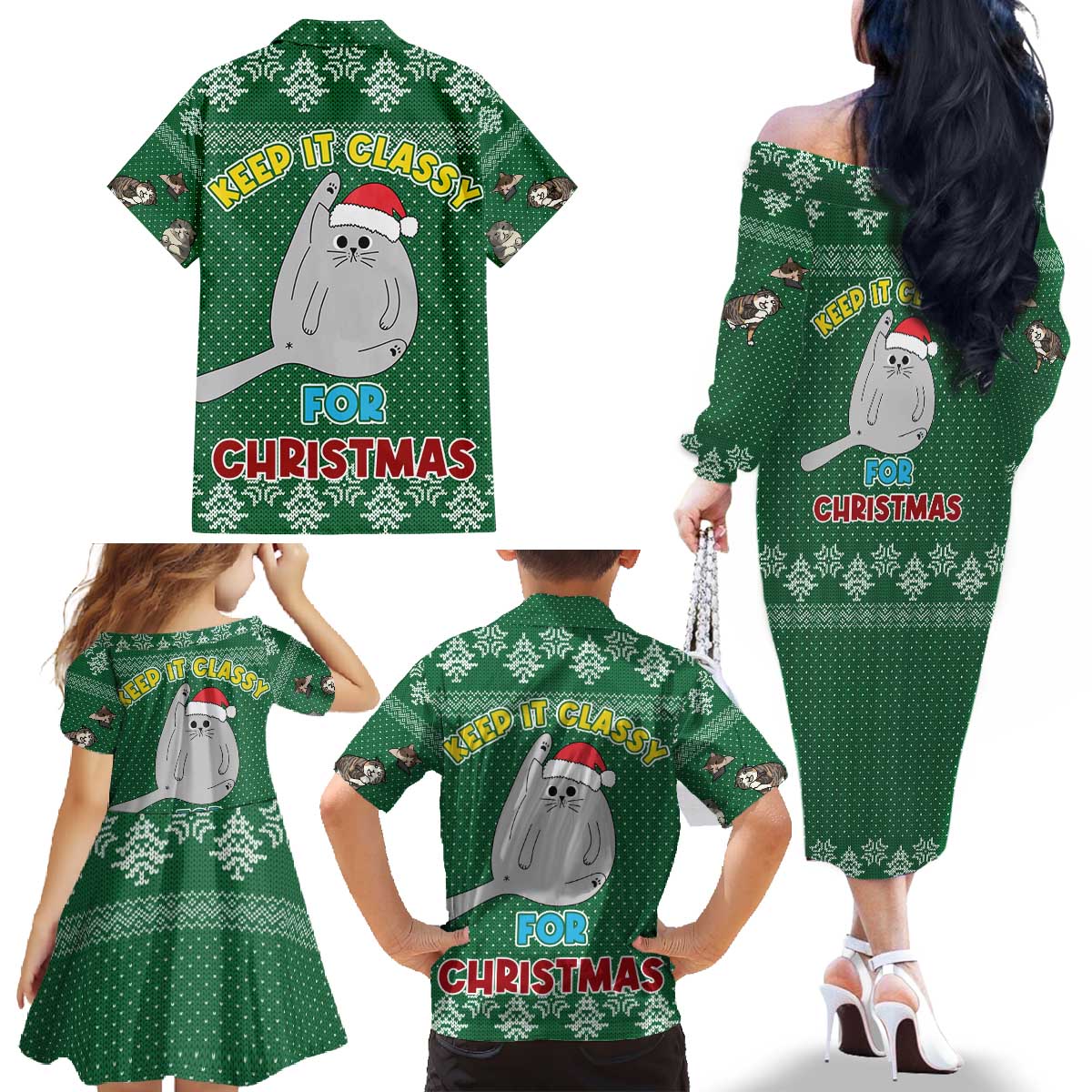 Cat Keep It Classy Christmas Family Matching Off The Shoulder Long Sleeve Dress and Hawaiian Shirt Xmas Holiday Patterns - Wonder Print Shop