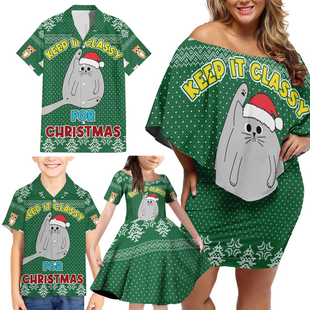 Cat Keep It Classy Christmas Family Matching Off Shoulder Short Dress and Hawaiian Shirt Xmas Holiday Patterns - Wonder Print Shop