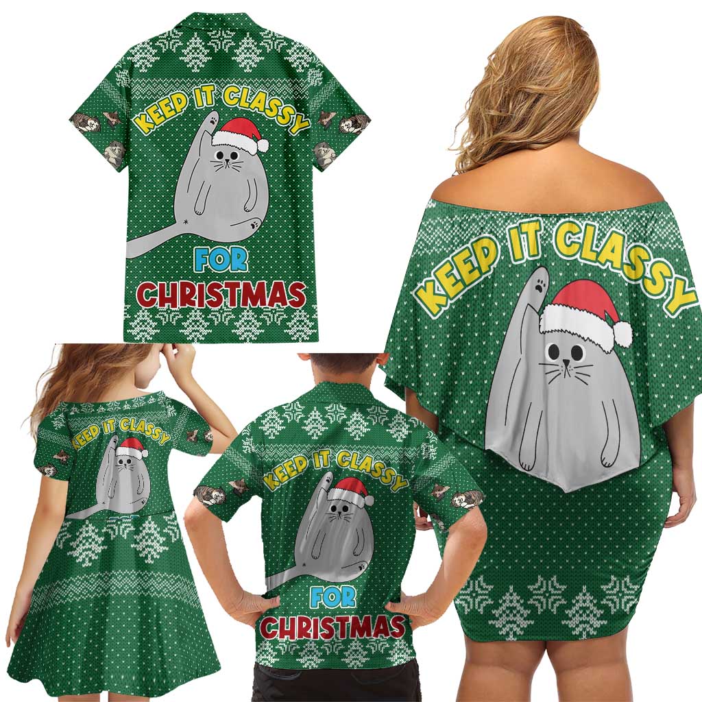 Cat Keep It Classy Christmas Family Matching Off Shoulder Short Dress and Hawaiian Shirt Xmas Holiday Patterns - Wonder Print Shop