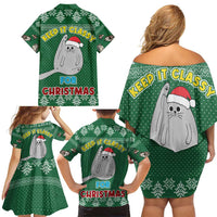 Cat Keep It Classy Christmas Family Matching Off Shoulder Short Dress and Hawaiian Shirt Xmas Holiday Patterns - Wonder Print Shop