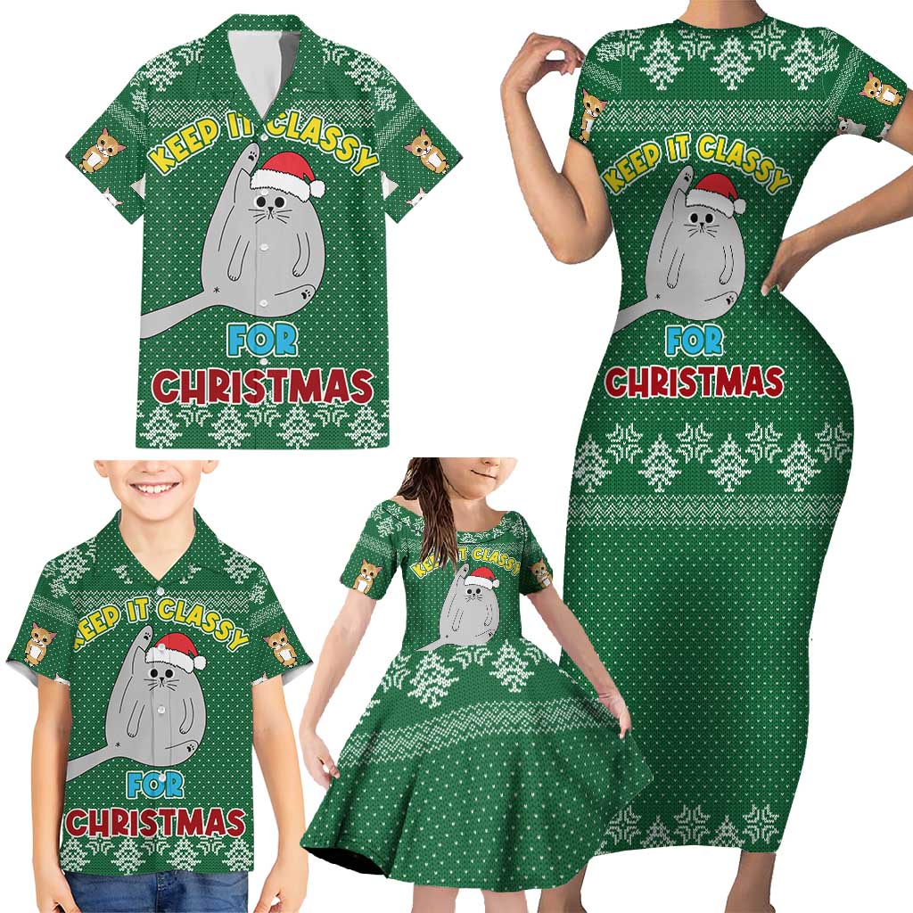Cat Keep It Classy Christmas Family Matching Short Sleeve Bodycon Dress and Hawaiian Shirt Xmas Holiday Patterns - Wonder Print Shop