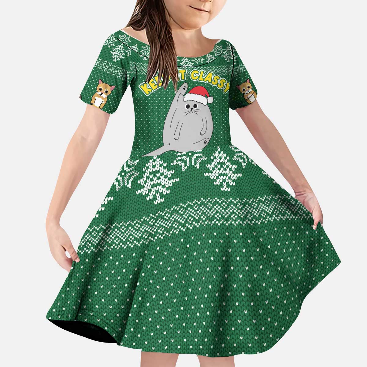 Cat Keep It Classy Christmas Kid Short Sleeve Dress Xmas Holiday Patterns - Wonder Print Shop