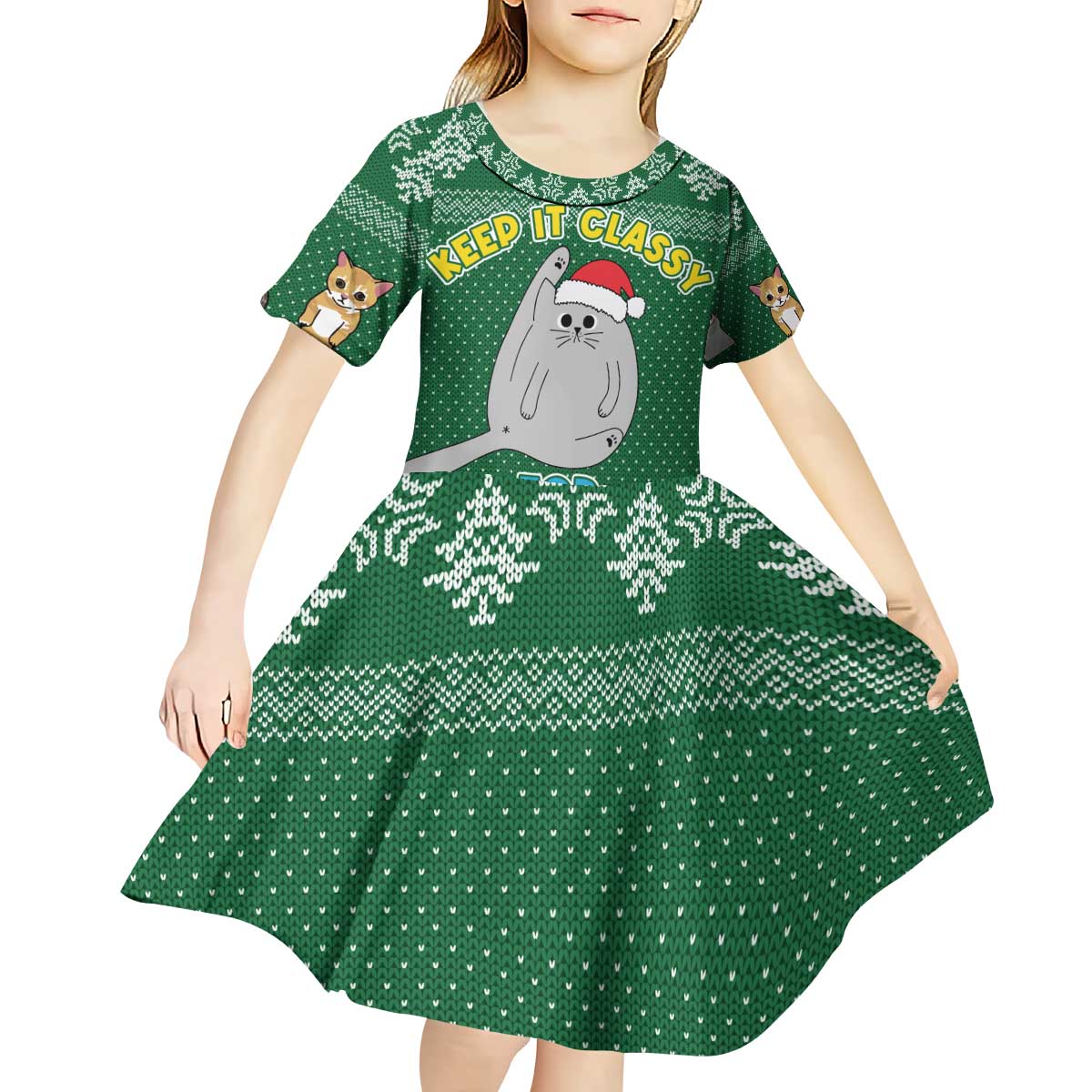 Cat Keep It Classy Christmas Kid Short Sleeve Dress Xmas Holiday Patterns - Wonder Print Shop