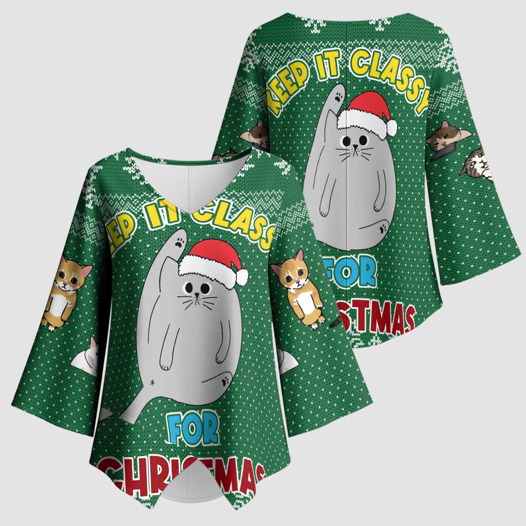 Cat Keep It Classy Christmas Kimono Sleeve Blouse Xmas Holiday Patterns - Wonder Print Shop