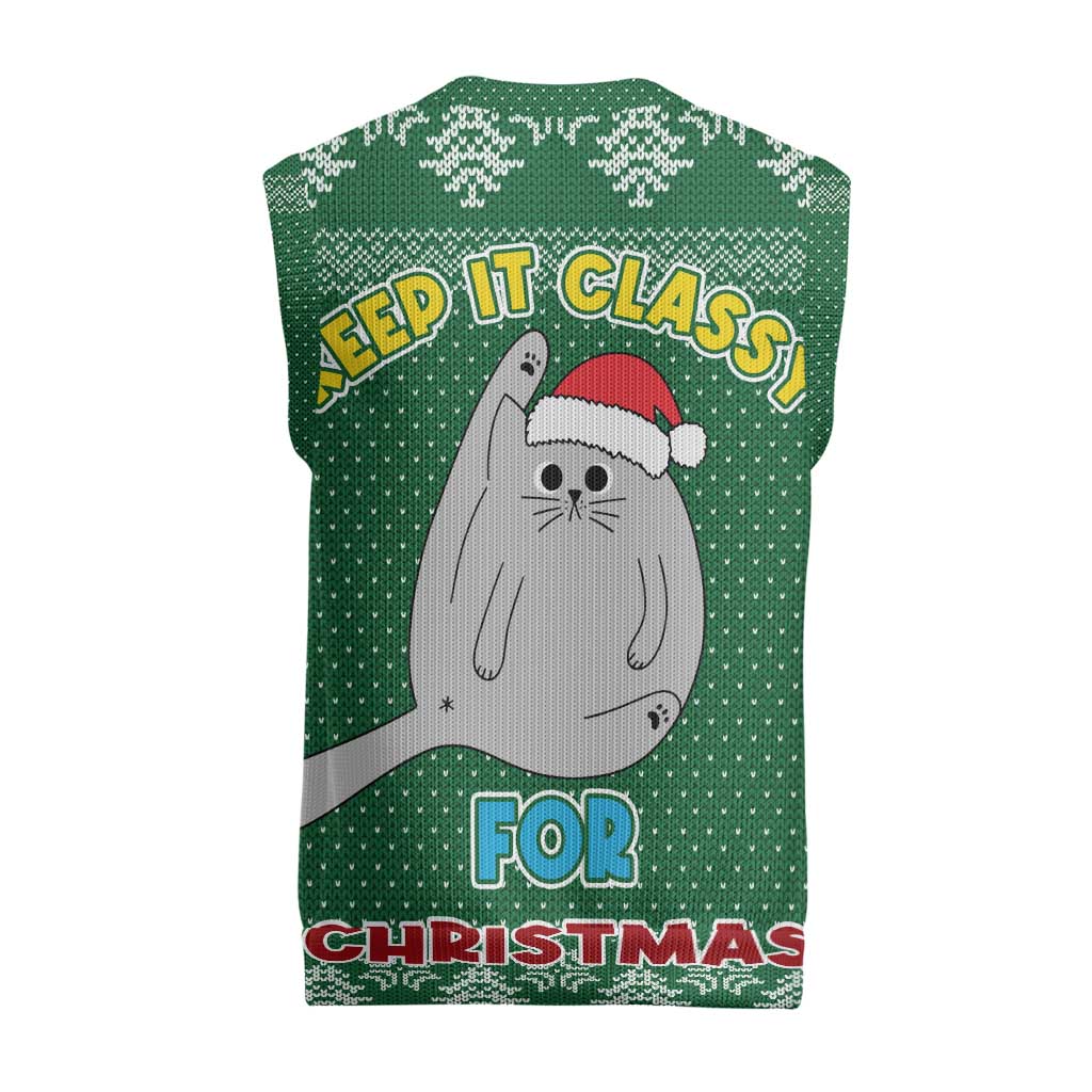 Cat Keep It Classy Christmas Knitted V-Neck Vest Xmas Holiday Patterns - Wonder Print Shop