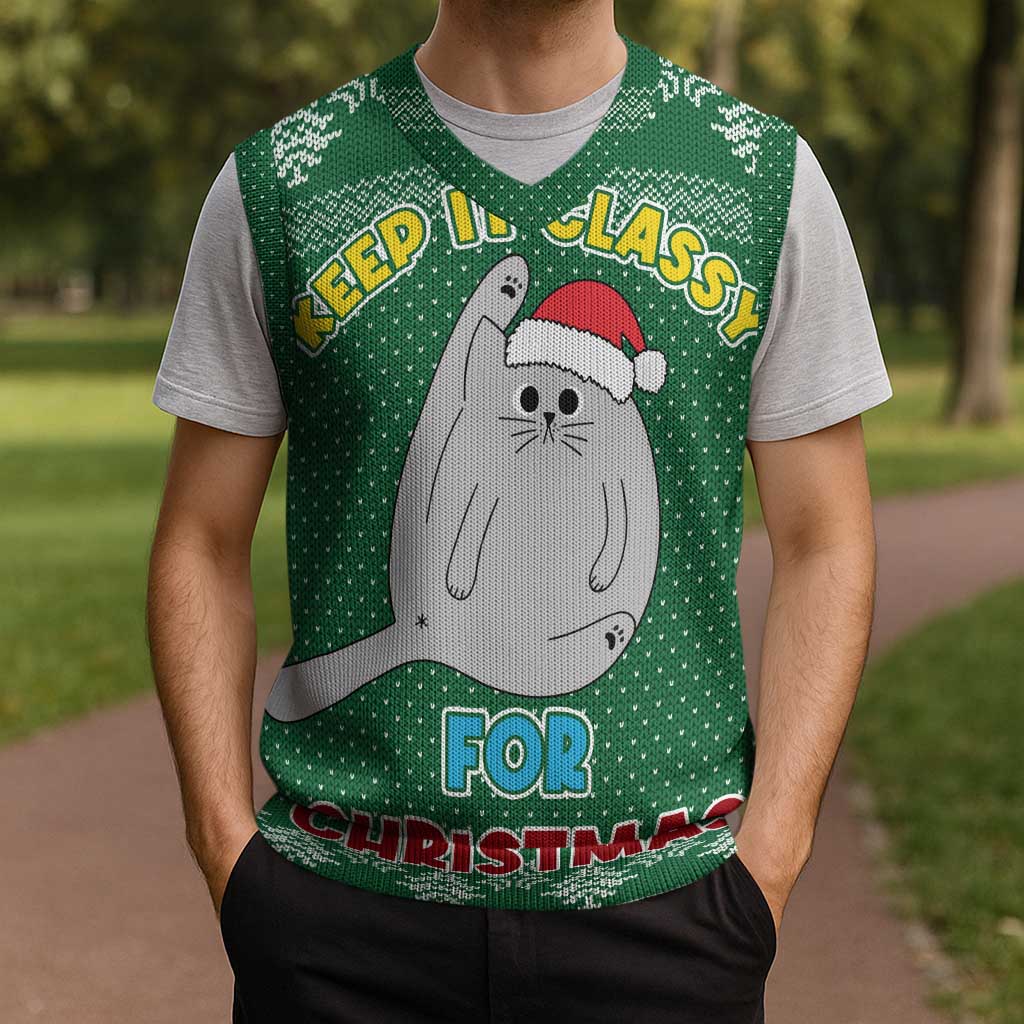 Cat Keep It Classy Christmas Knitted V-Neck Vest Xmas Holiday Patterns - Wonder Print Shop
