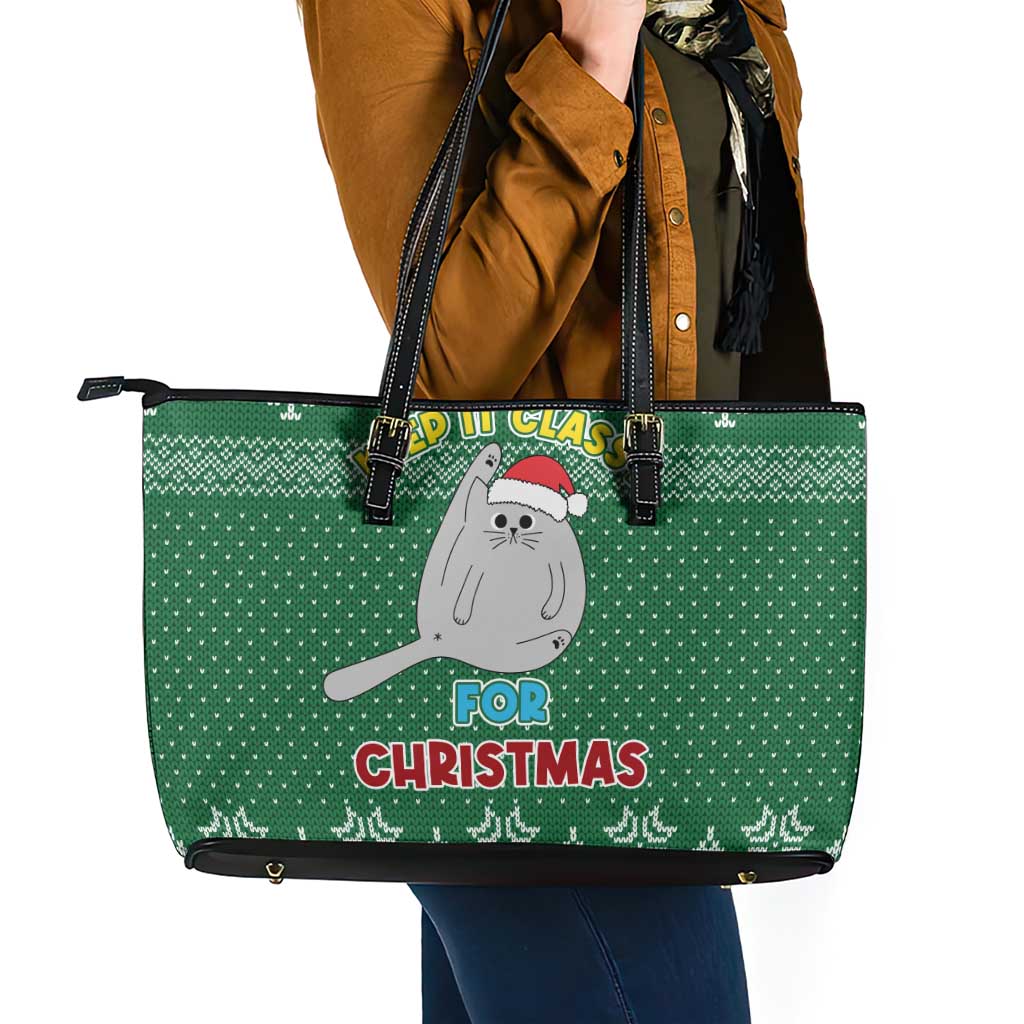 Cat Keep It Classy Christmas Leather Tote Bag Xmas Holiday Patterns - Wonder Print Shop