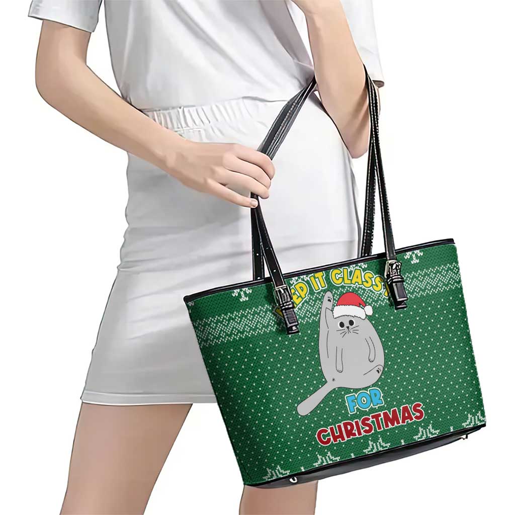 Cat Keep It Classy Christmas Leather Tote Bag Xmas Holiday Patterns - Wonder Print Shop