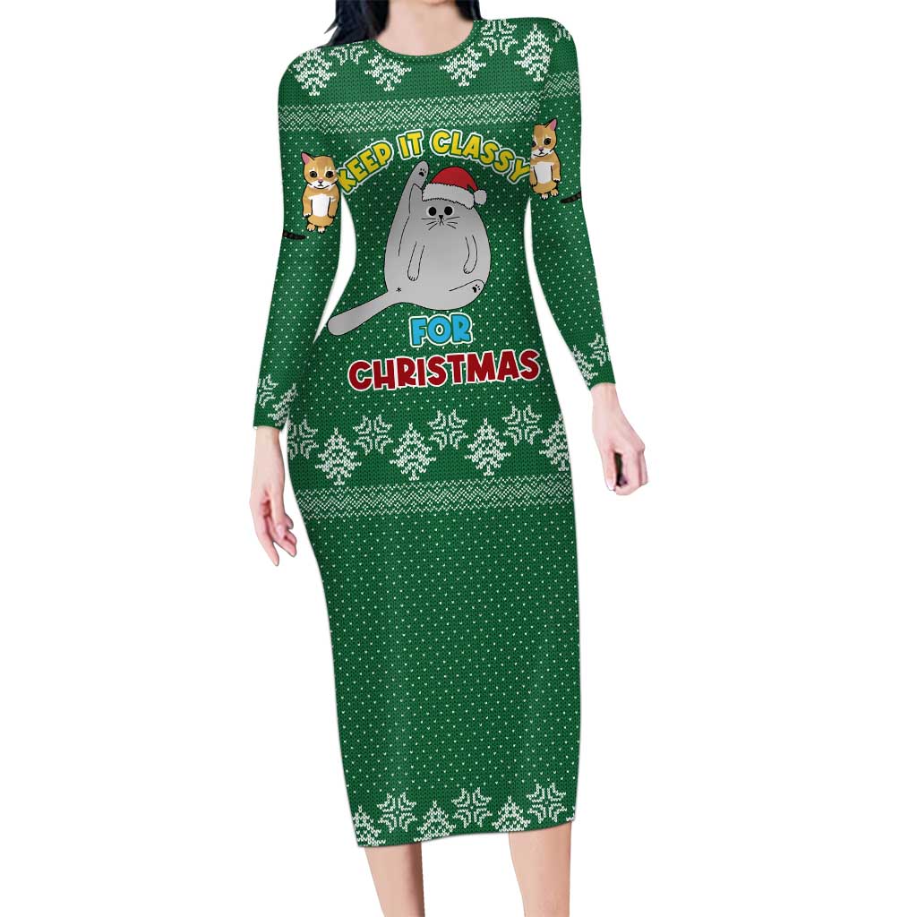 Cat Keep It Classy Christmas Long Sleeve Bodycon Dress Xmas Holiday Patterns - Wonder Print Shop