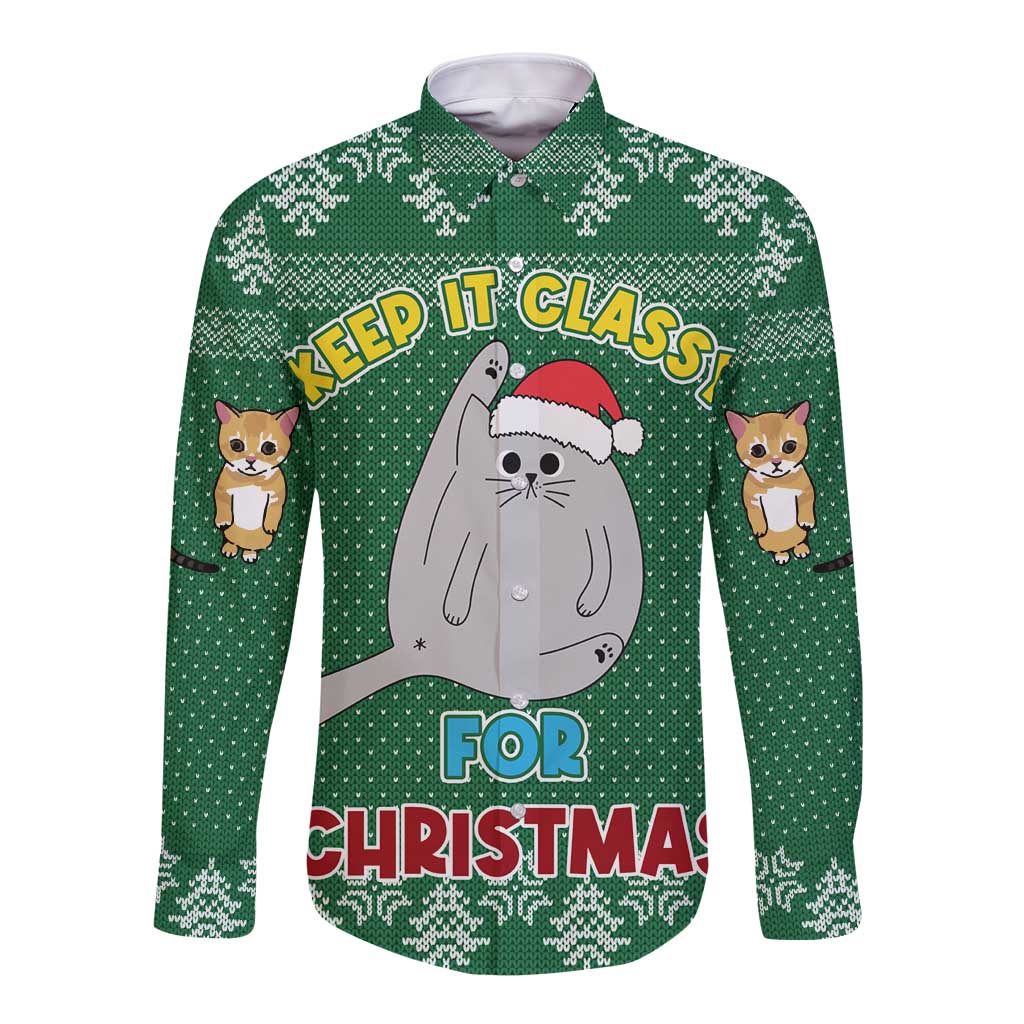 Cat Keep It Classy Christmas Long Sleeve Button Shirt Xmas Holiday Patterns - Wonder Print Shop