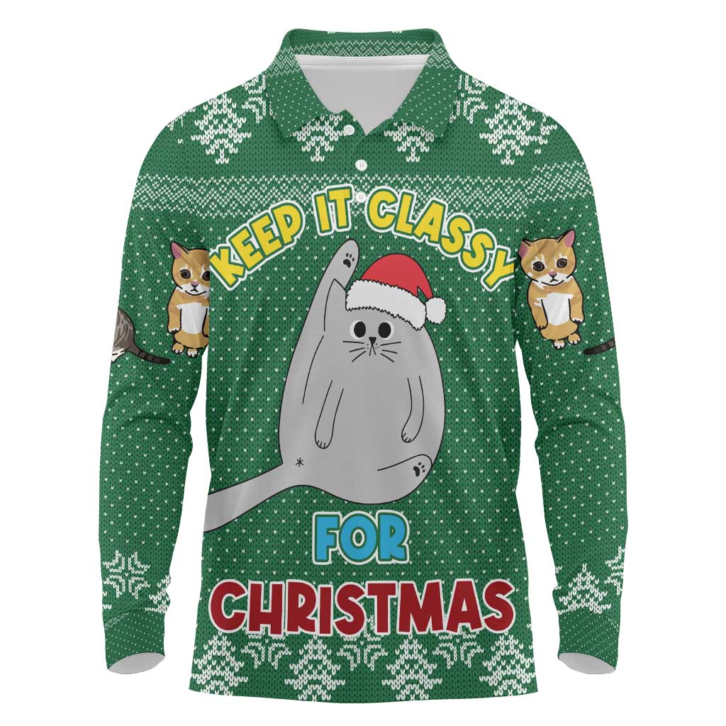 Cat Keep It Classy Christmas Long Sleeve Polo Shirt Xmas Holiday Patterns - Wonder Print Shop