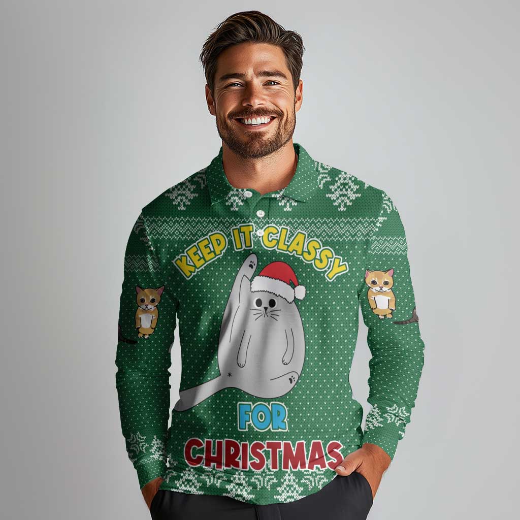 Cat Keep It Classy Christmas Long Sleeve Polo Shirt Xmas Holiday Patterns - Wonder Print Shop
