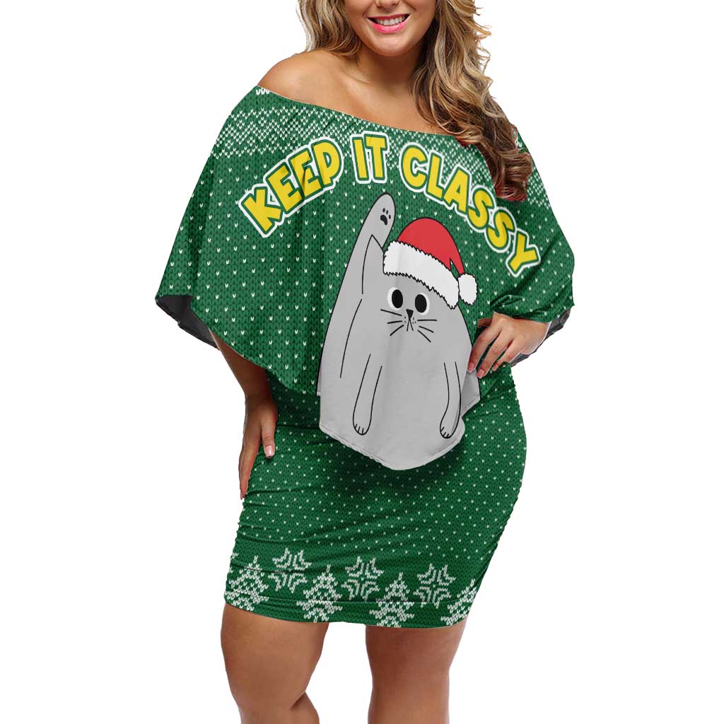Cat Keep It Classy Christmas Off Shoulder Short Dress Xmas Holiday Patterns - Wonder Print Shop