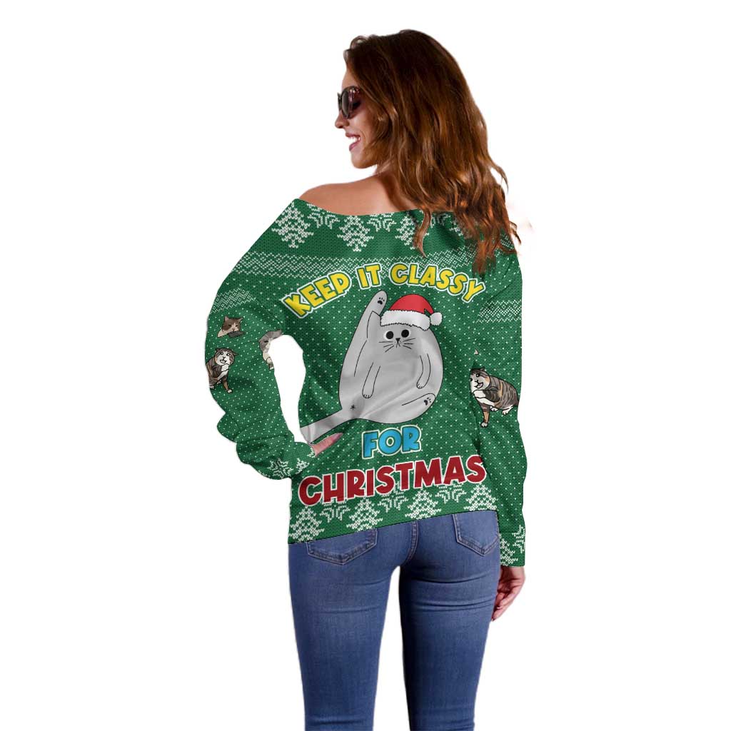 Cat Keep It Classy Christmas Off Shoulder Sweater Xmas Holiday Patterns - Wonder Print Shop