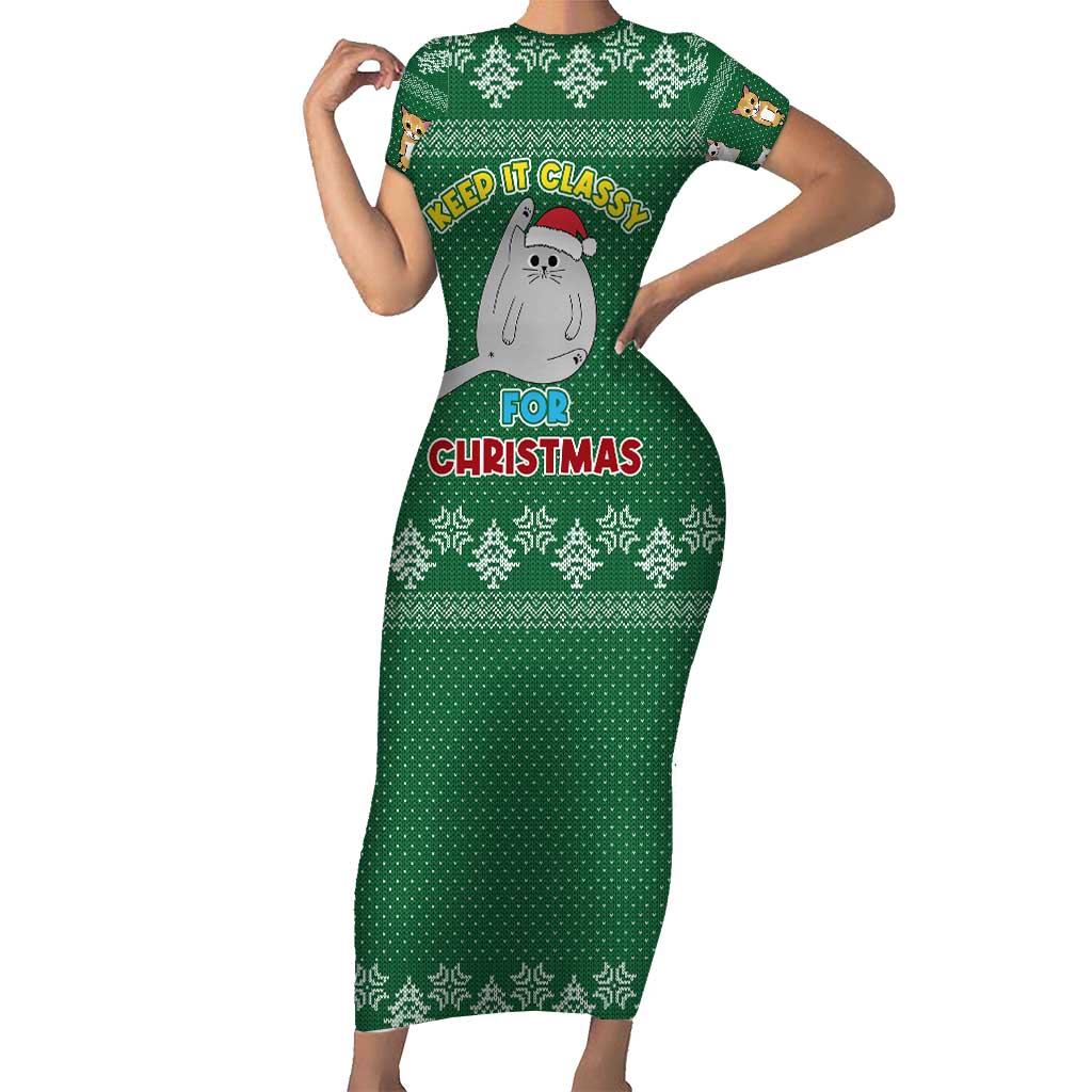 Cat Keep It Classy Christmas Short Sleeve Bodycon Dress Xmas Holiday Patterns - Wonder Print Shop