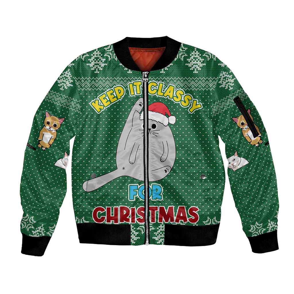 Cat Keep It Classy Christmas Sleeve Zip Bomber Jacket Xmas Holiday Patterns - Wonder Print Shop